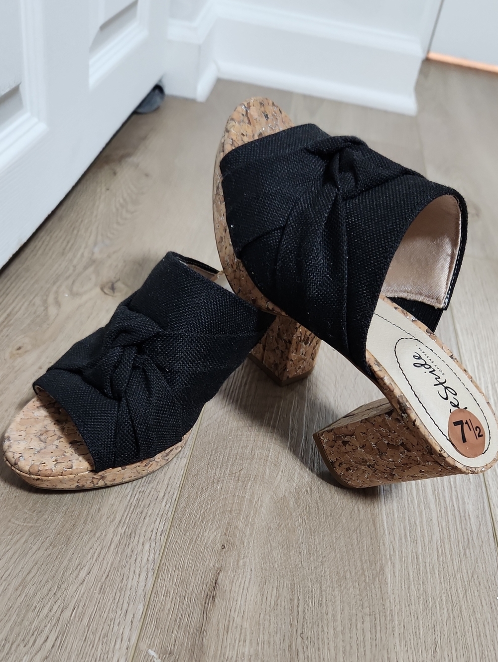 Black Cork Block Heel Slide Sandals - Women